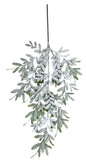 Frosted artificial greenery spray with glitter leaves, winter holiday home décor accent