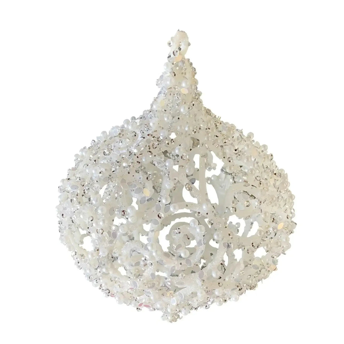 Ornate white beaded Christmas ornament with sparkling pearls and crystals, festive home décor