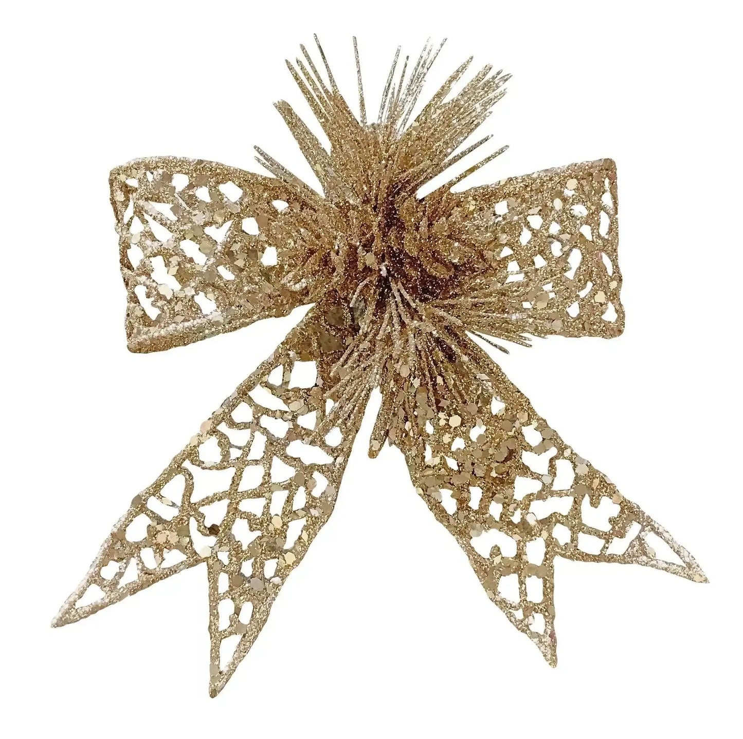 Gold glitter decorative bow for holiday or home decor, ornate cut-out design