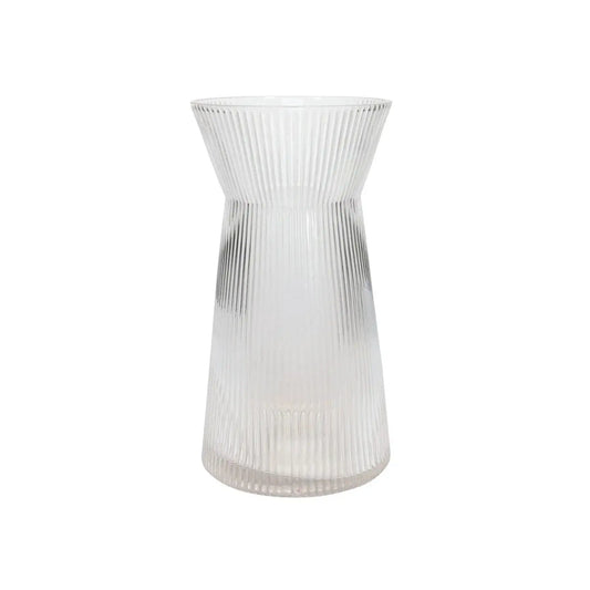 Clear ribbed glass vase with modern hourglass shape, perfect for home décor or floral display
