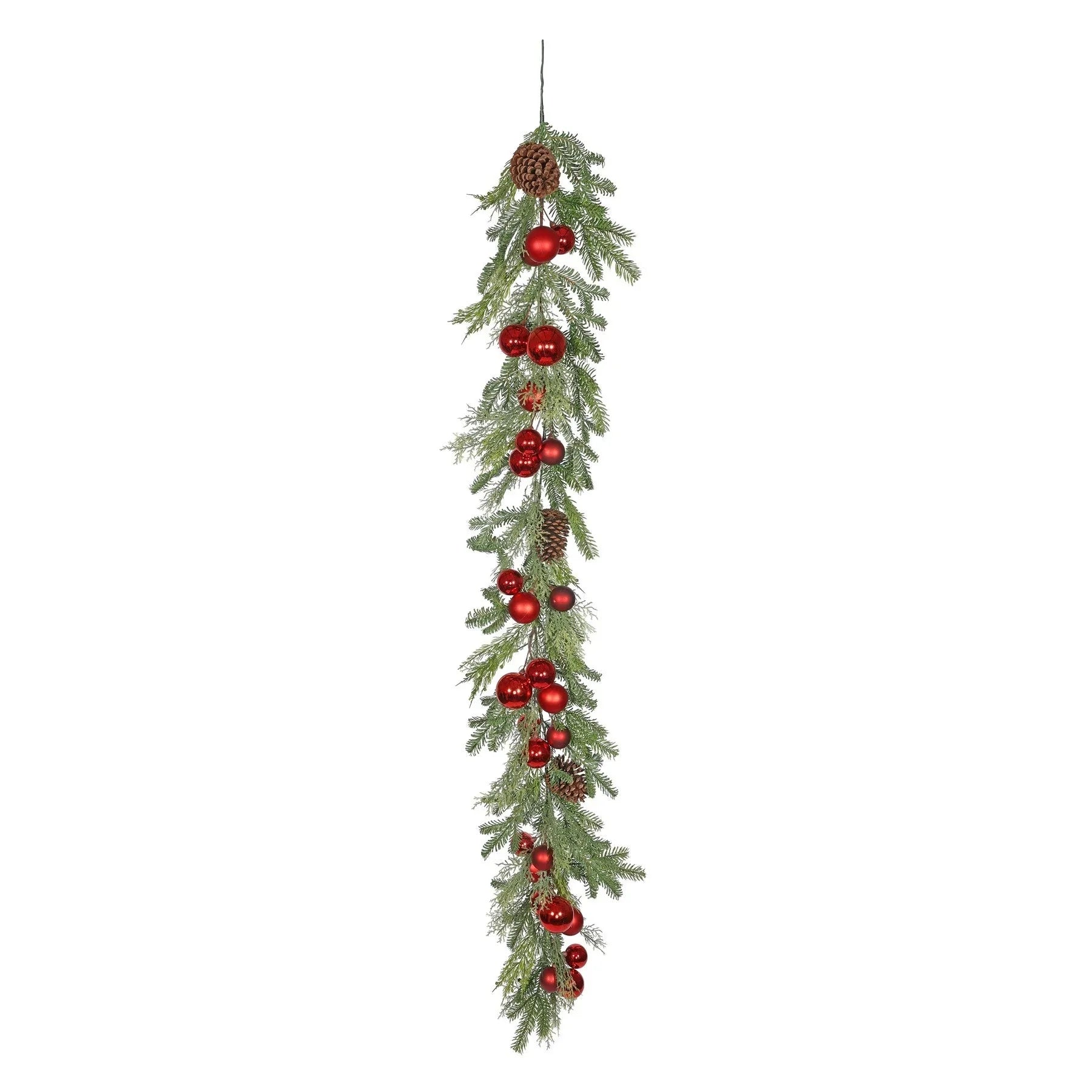 Christmas garland with pine branches, red ornaments, and pine cones for holiday decor