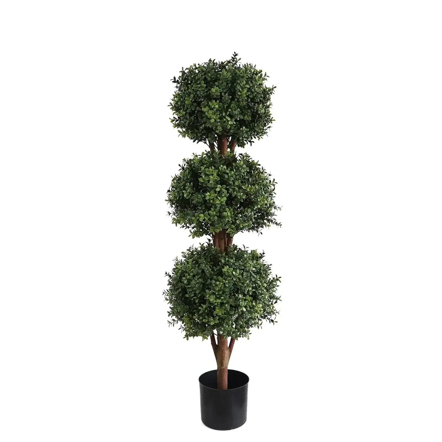 Artificial topiary tree with three round boxwood balls in a black planter pot