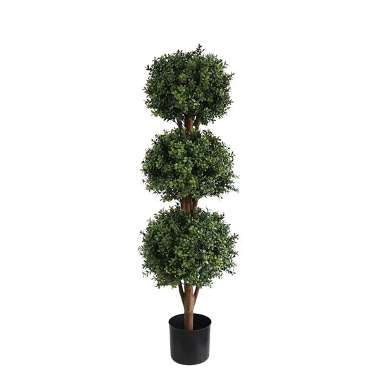 Artificial topiary tree with three round boxwood balls in a black planter pot