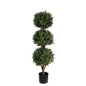 Artificial topiary tree with three round boxwood balls in a black planter pot