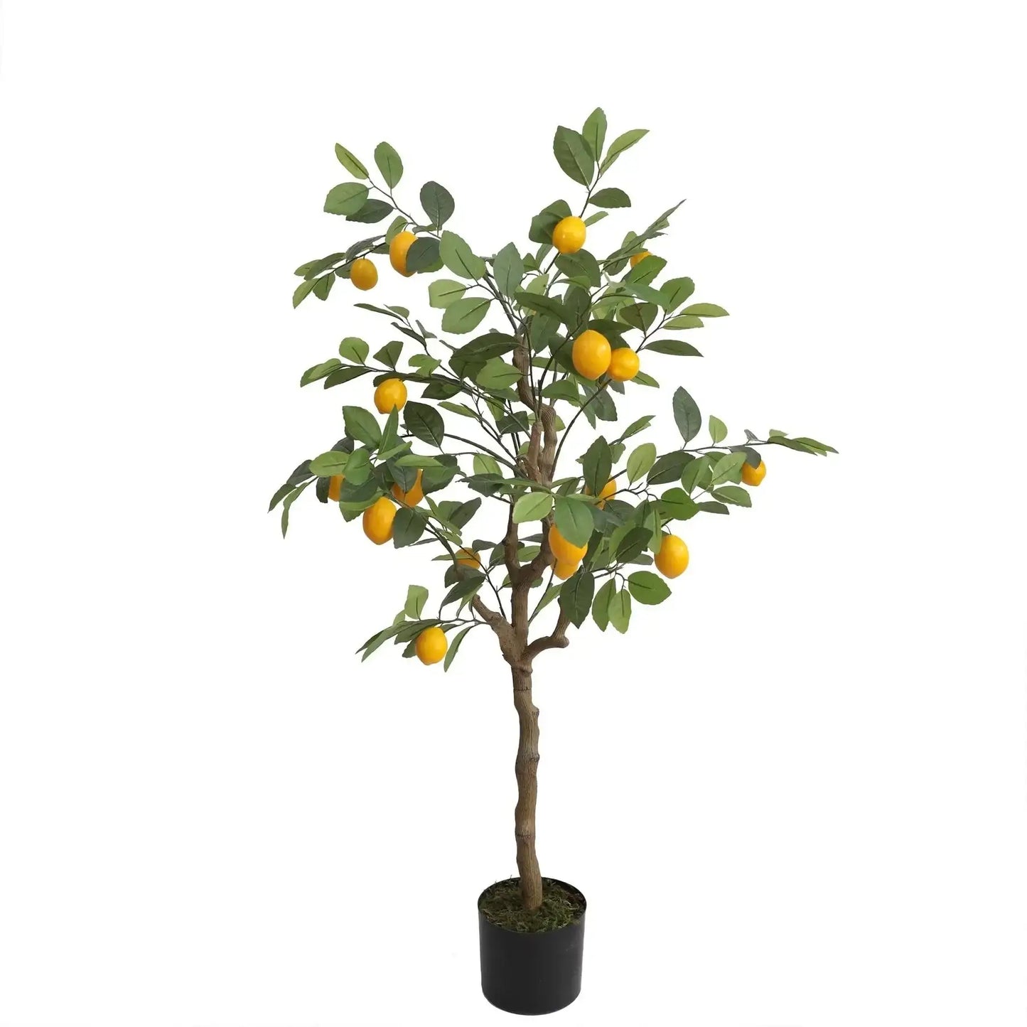 Artificial lemon tree in black pot, realistic home decor plant with green leaves and yellow fruit
