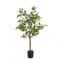 Artificial lemon tree in black pot, realistic home decor plant with green leaves and yellow fruit