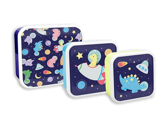 Pack of 3 Boys Printed Food Boxes (Space &amp; Construction Assorted)