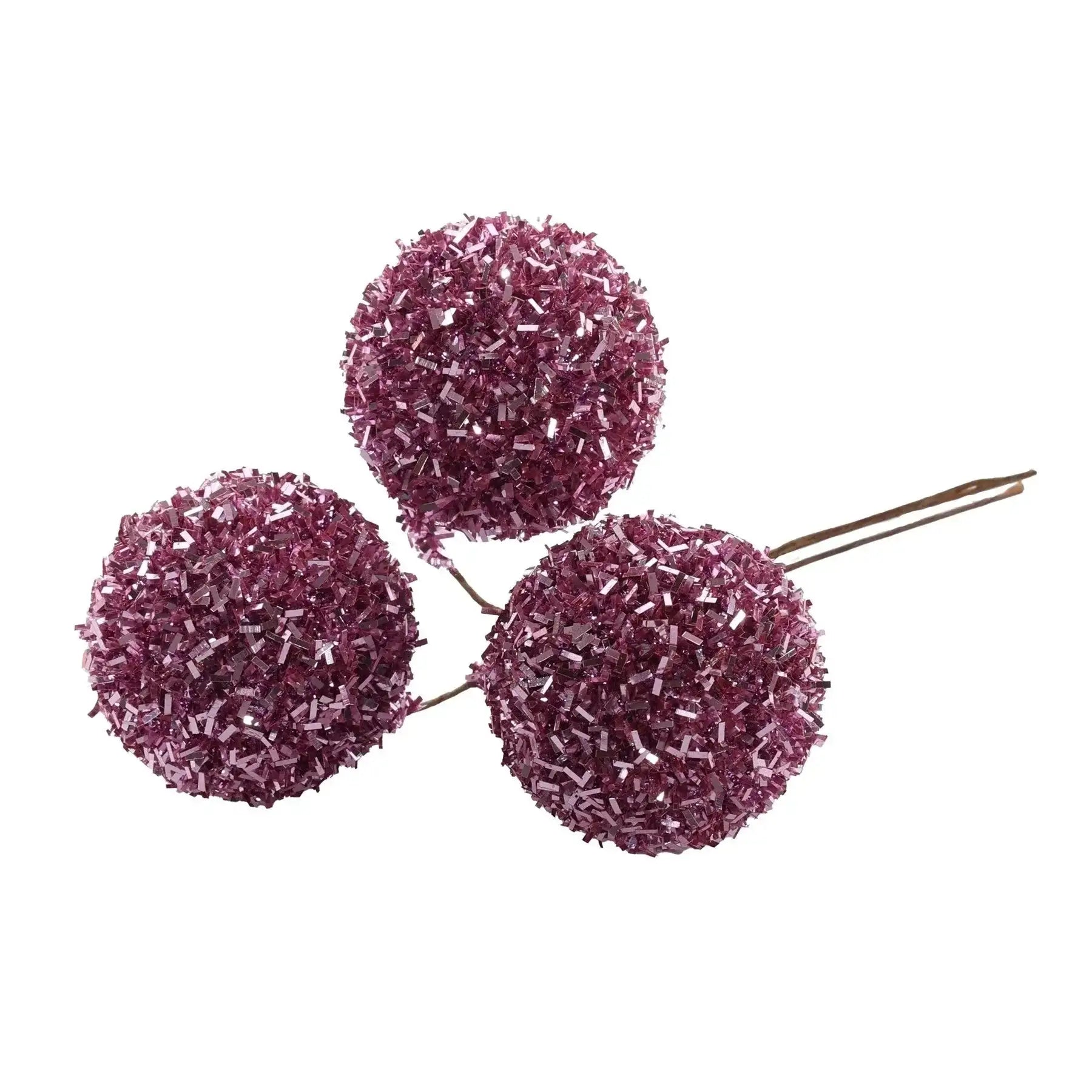 Three glittery purple decorative ball picks for home décor or holiday arrangements