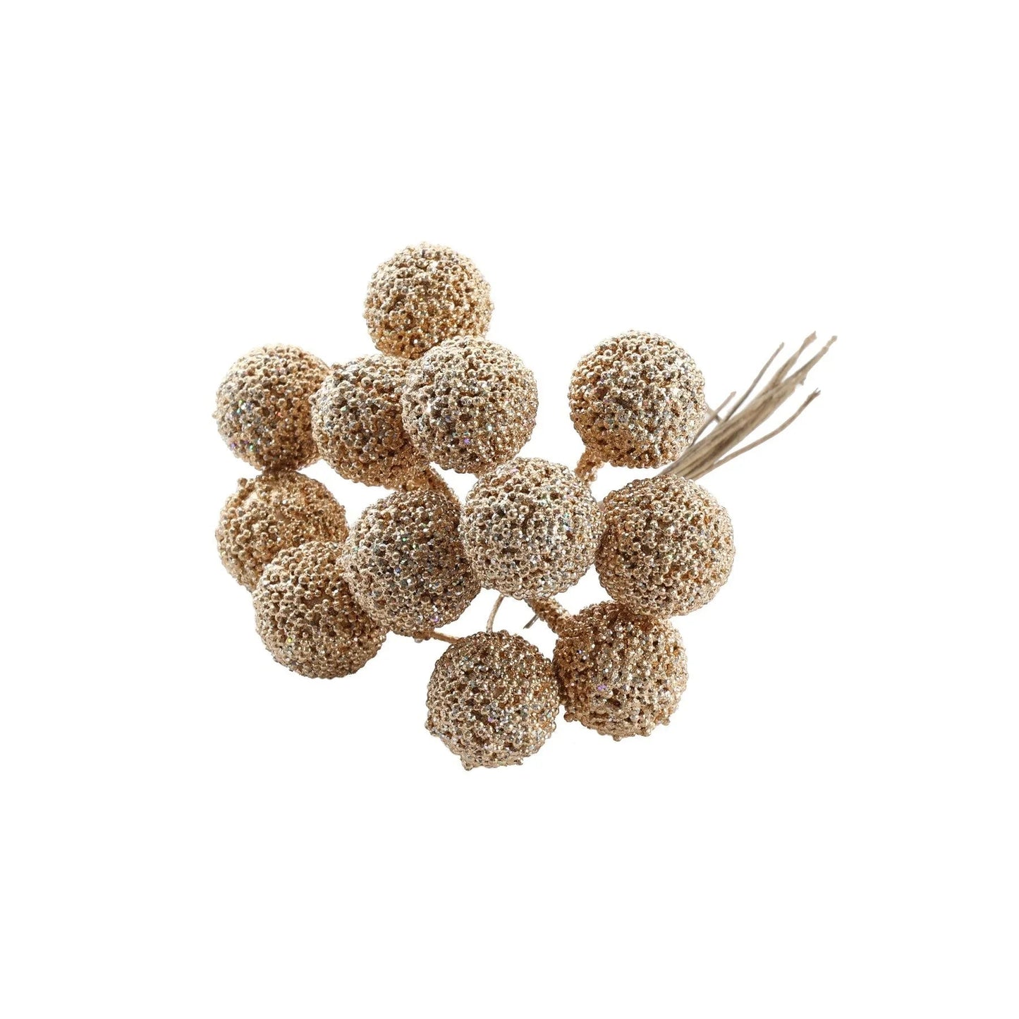 Cluster of glittery gold decorative berry stems for holiday home décor.