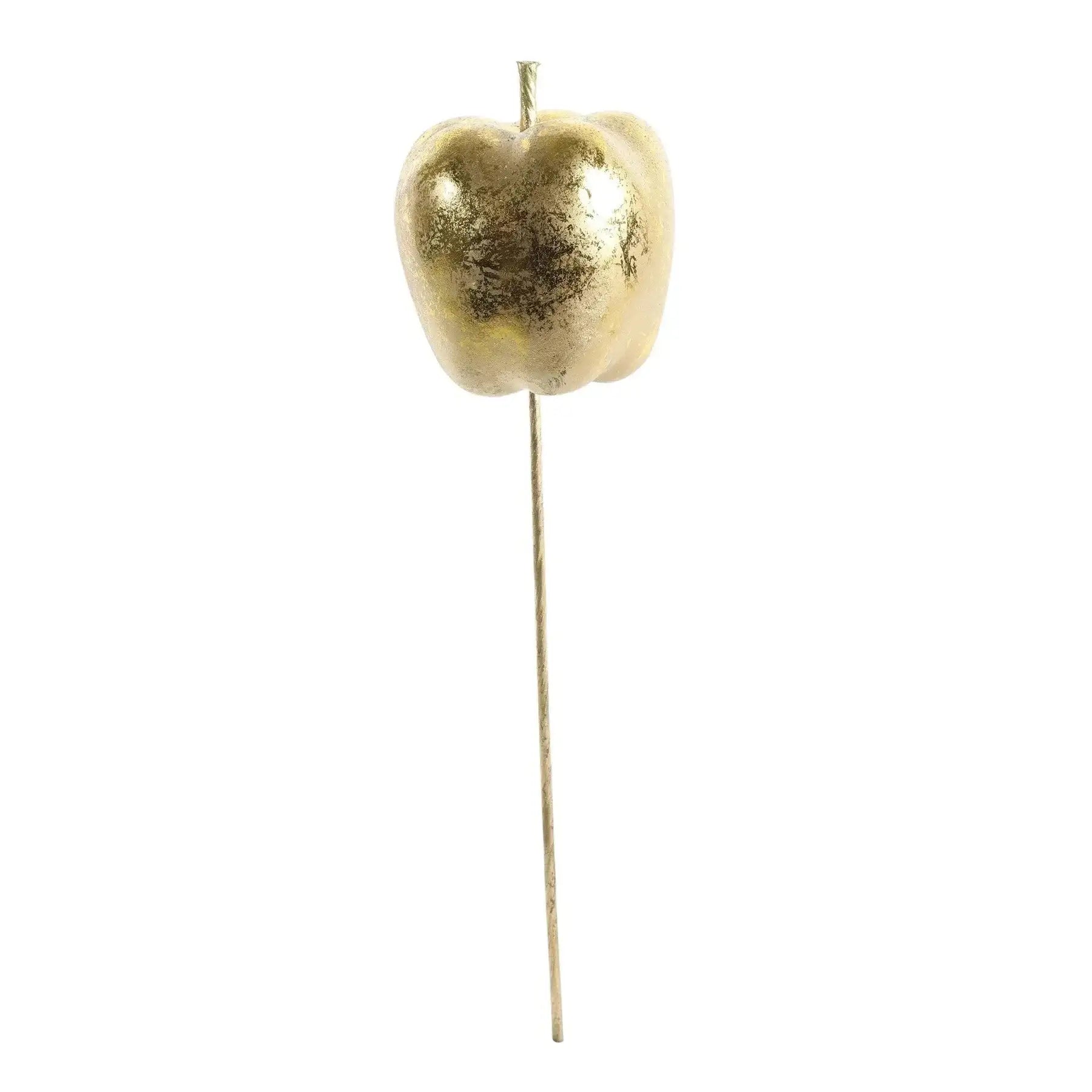 Gold metallic apple pick home décor accent on white background