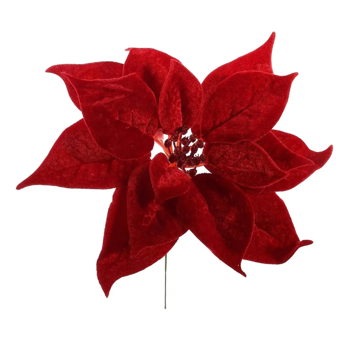 Velvet red poinsettia artificial flower with lush petals, ideal for holiday decor