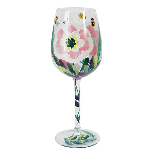 Peonies and Bees Hand Painted Wine Glass
