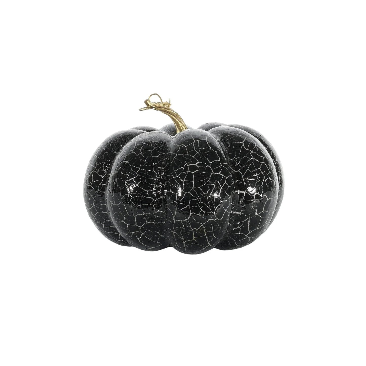 Black ceramic pumpkin with crackle finish and gold stem, decorative home décor accent