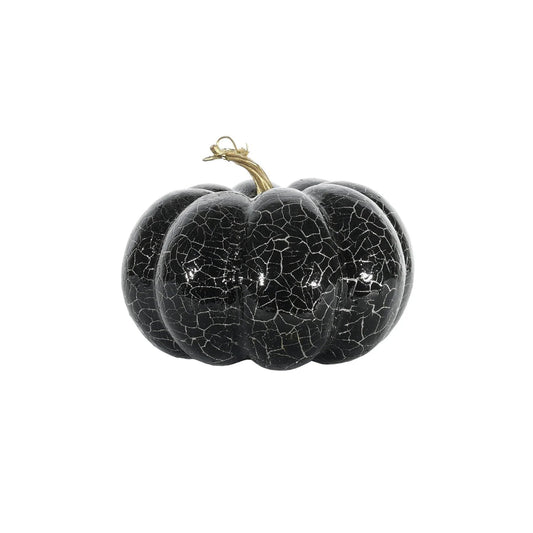 Black ceramic pumpkin with crackle finish and gold stem, decorative home décor accent