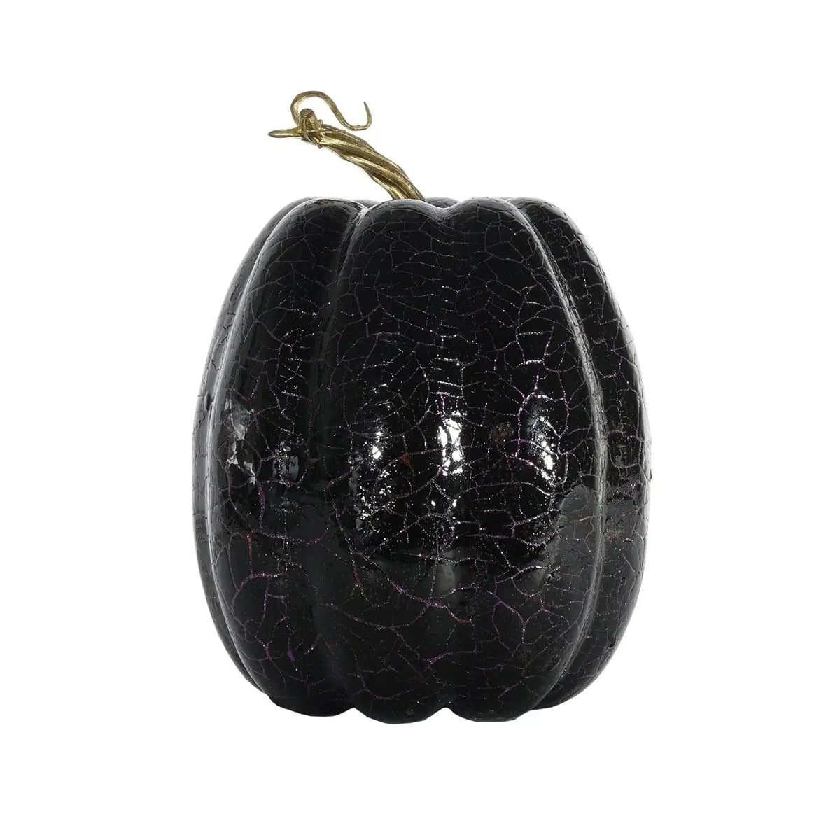 Glossy black pumpkin with gold stem, crackle finish, decorative home décor accent