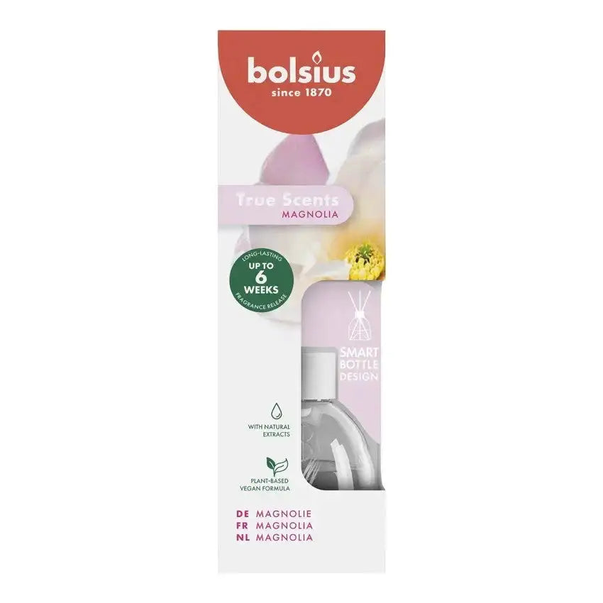Bolsius True Scents magnolia reed diffuser with natural vegan formula in retail packaging