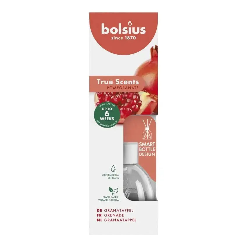 Bolsius True Scents pomegranate reed diffuser with smart bottle design in retail packaging