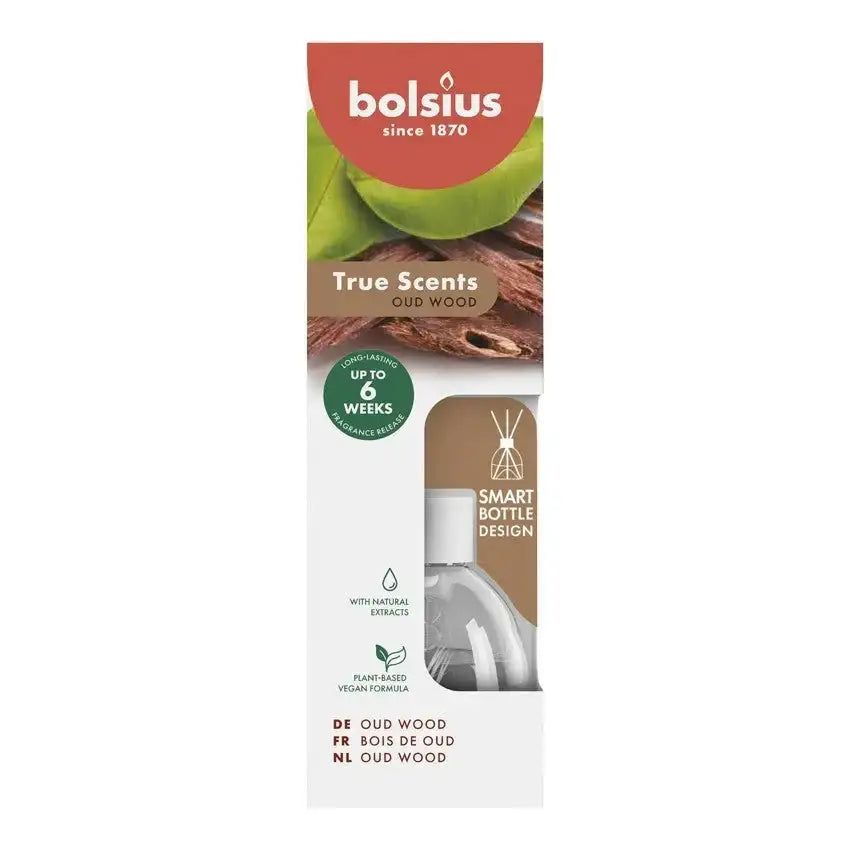 Bolsius True Scents Oud Wood reed diffuser in white and brown packaging