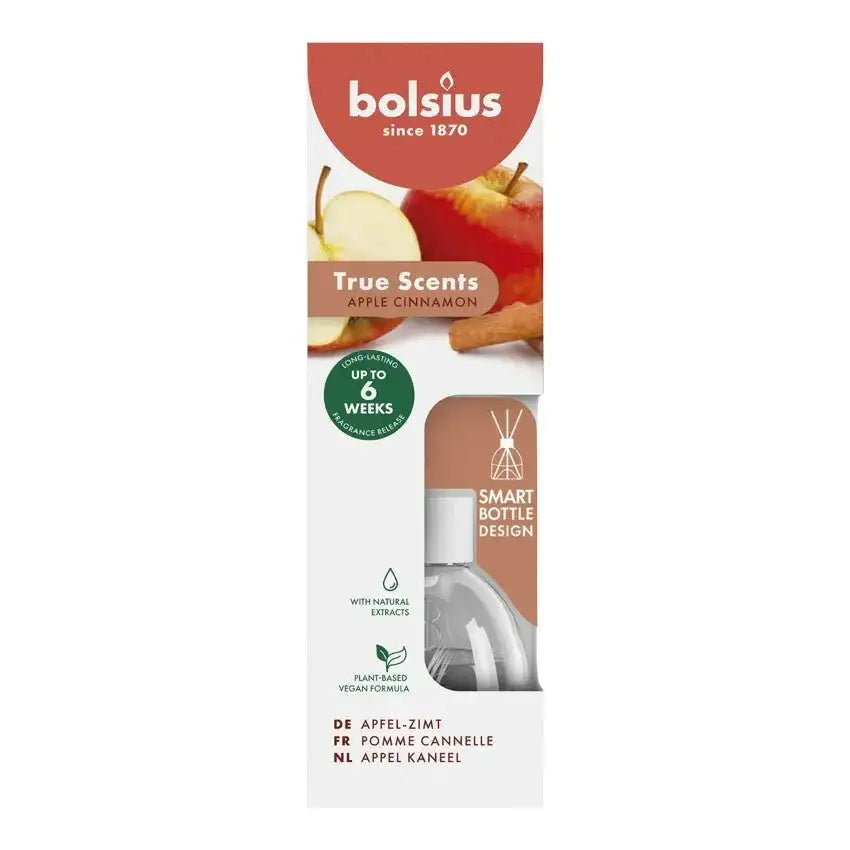 Bolsius True Scents apple cinnamon reed diffuser in box, featuring apples and cinnamon