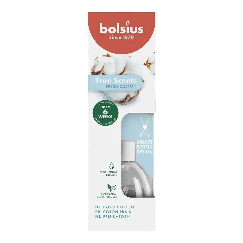 Bolsius True Scents Fresh Cotton reed diffuser with cotton imagery, up to 6 weeks fragrance