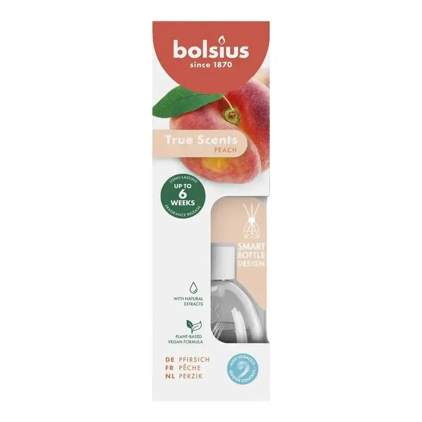 Bolsius True Scents Peach reed diffuser with natural extracts and vegan formula in retail box