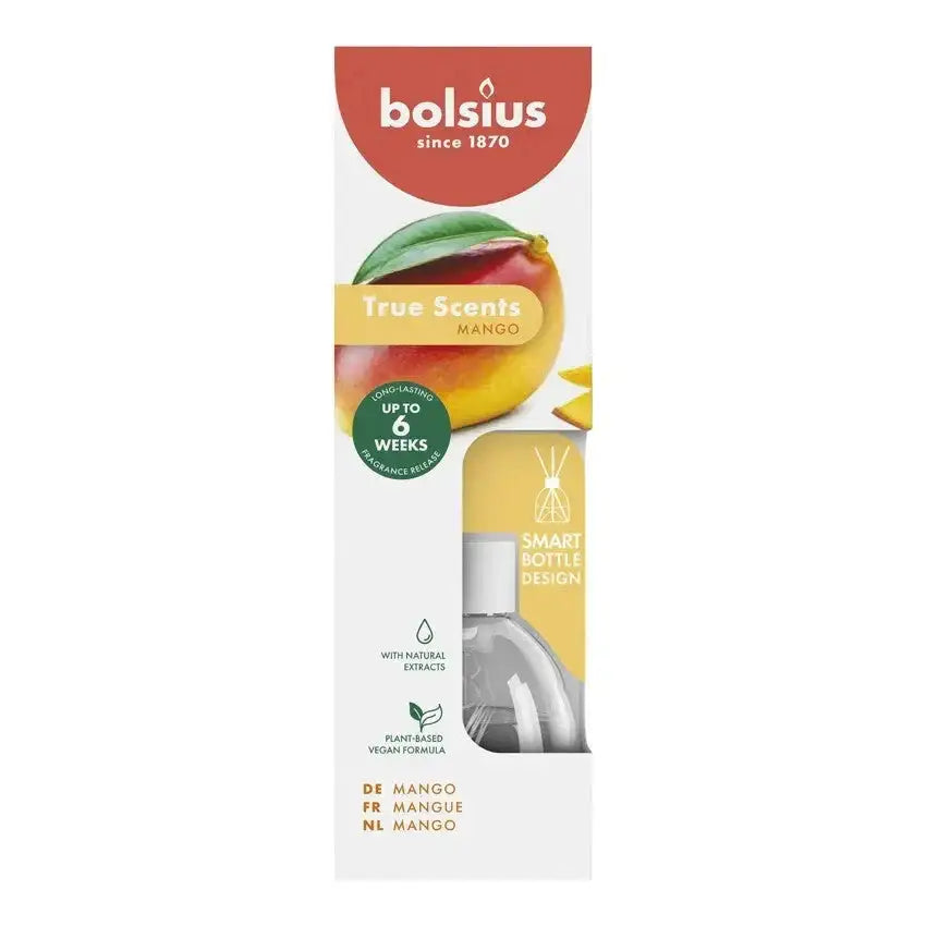 Bolsius True Scents mango reed diffuser in packaging, featuring mango scent and smart bottle design.