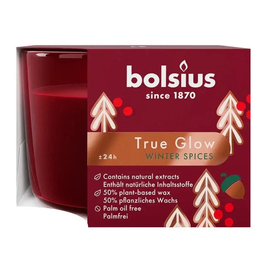 Red Bolsius True Glow Winter Spices scented candle in box with festive design