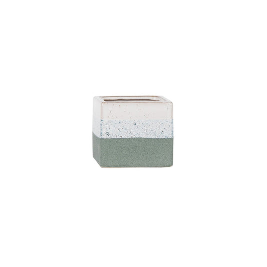 Hortus Green &amp; White Bordeaux Stoneware Cube (9.5cm H x 10.5cm W)
