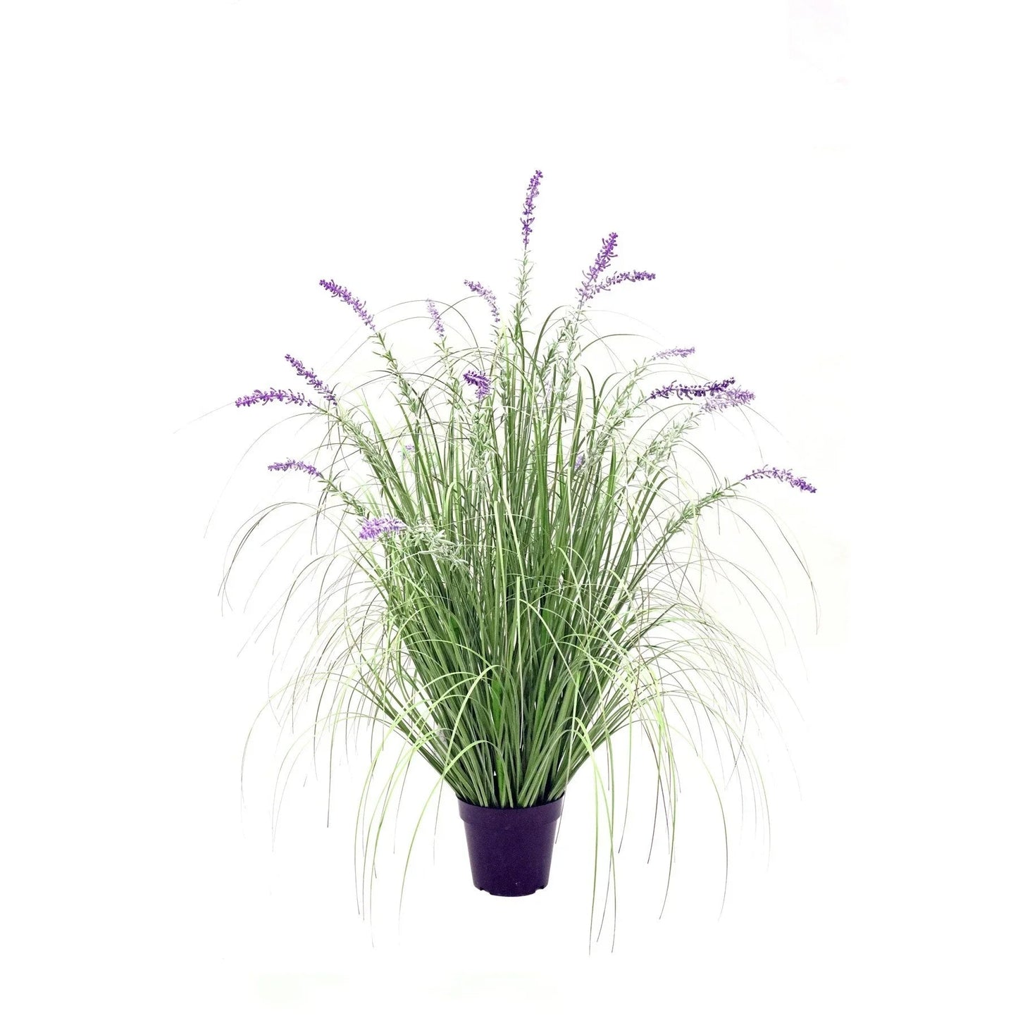 Artificial lavender plant in black pot with green leaves and purple flowers, home décor