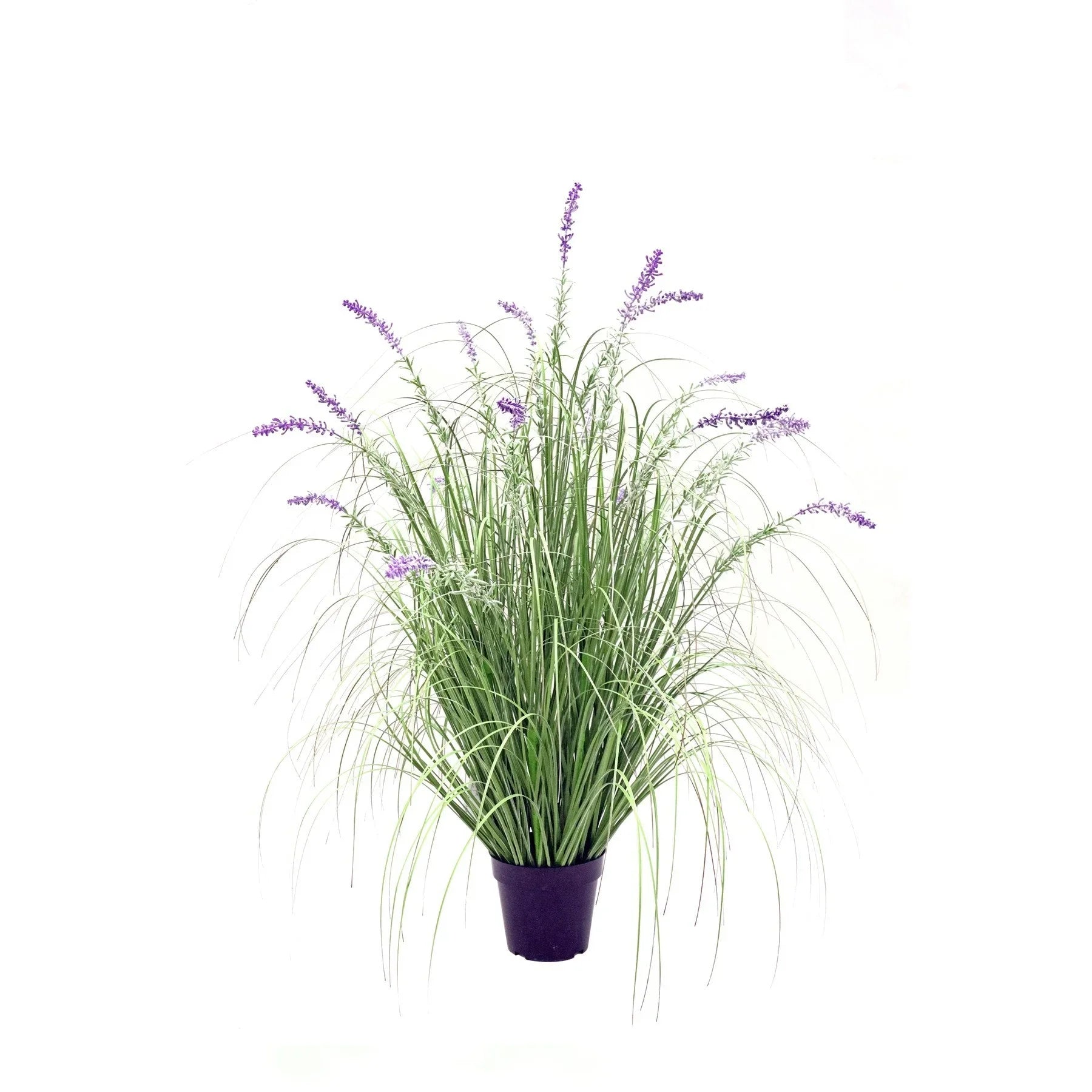 Artificial lavender plant in black pot with green leaves and purple flowers, home décor