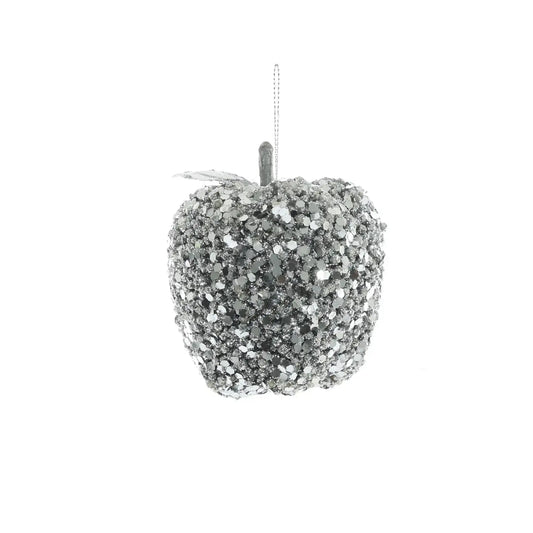 Glittered Hanging Apple - Silver (8cm)