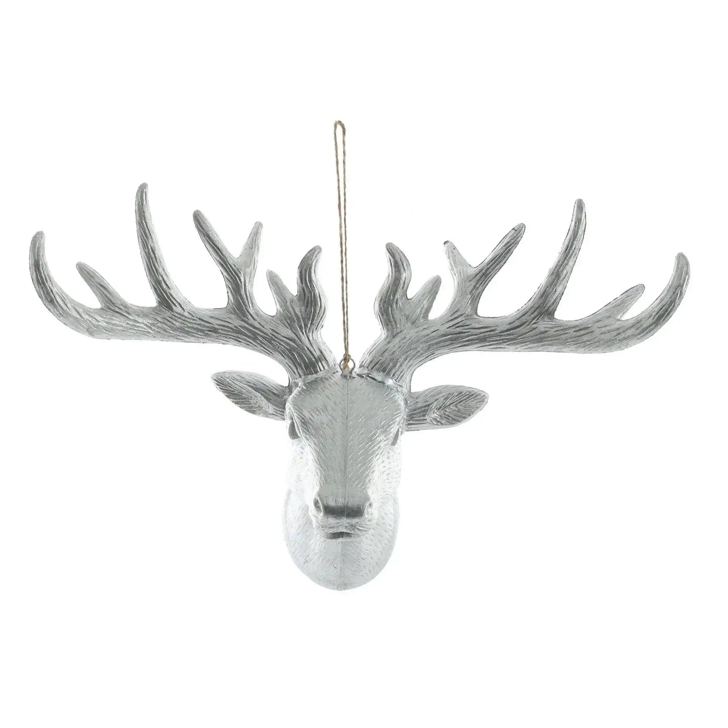 Silver reindeer head ornament with large antlers for festive home decor