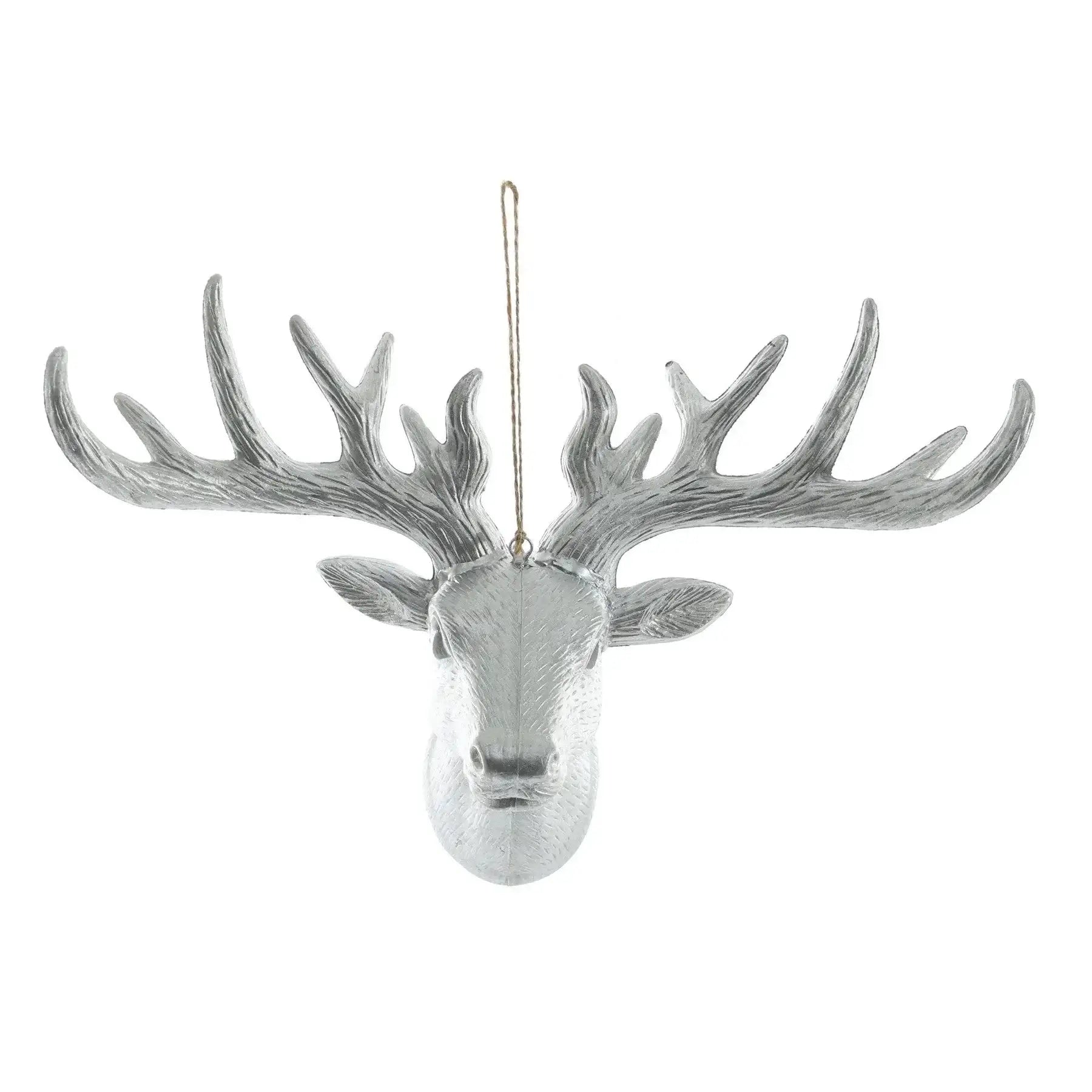 Silver reindeer head ornament with large antlers for festive home decor
