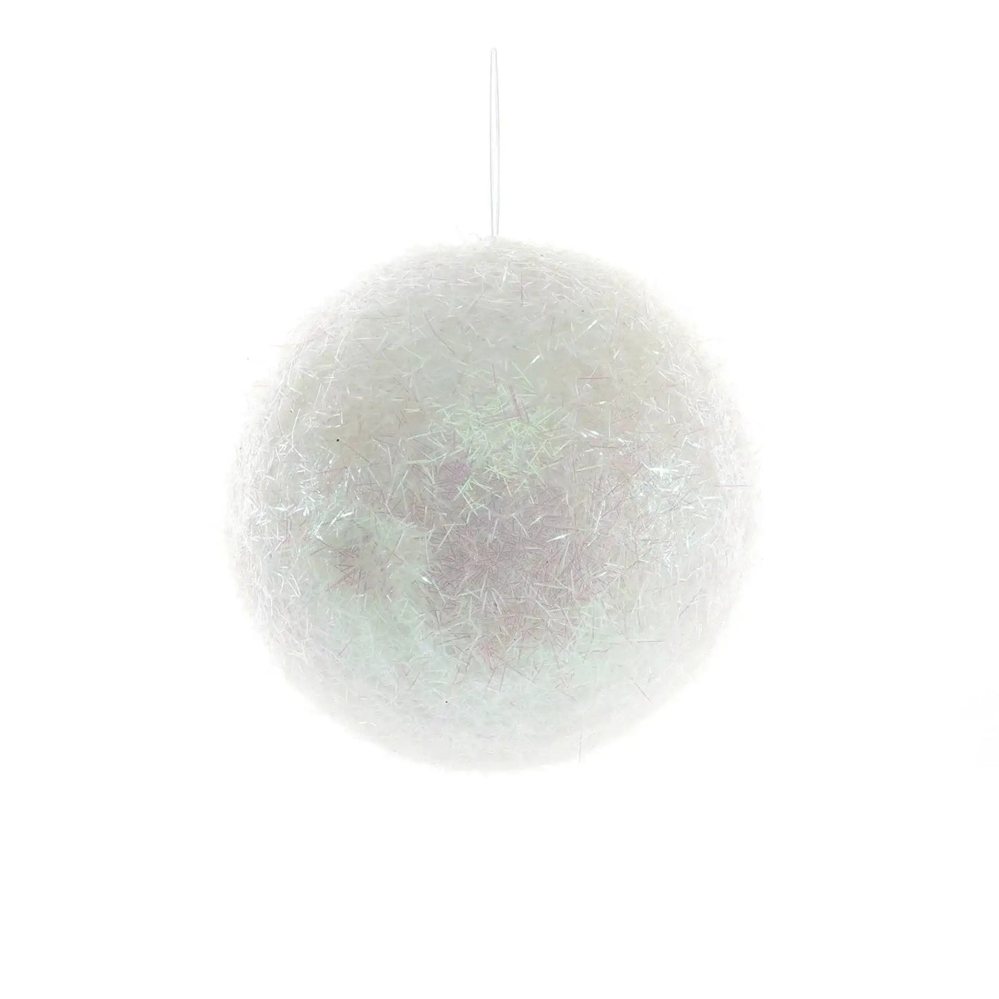 Iridescent tinsel Christmas bauble ornament on a white background, festive holiday decor