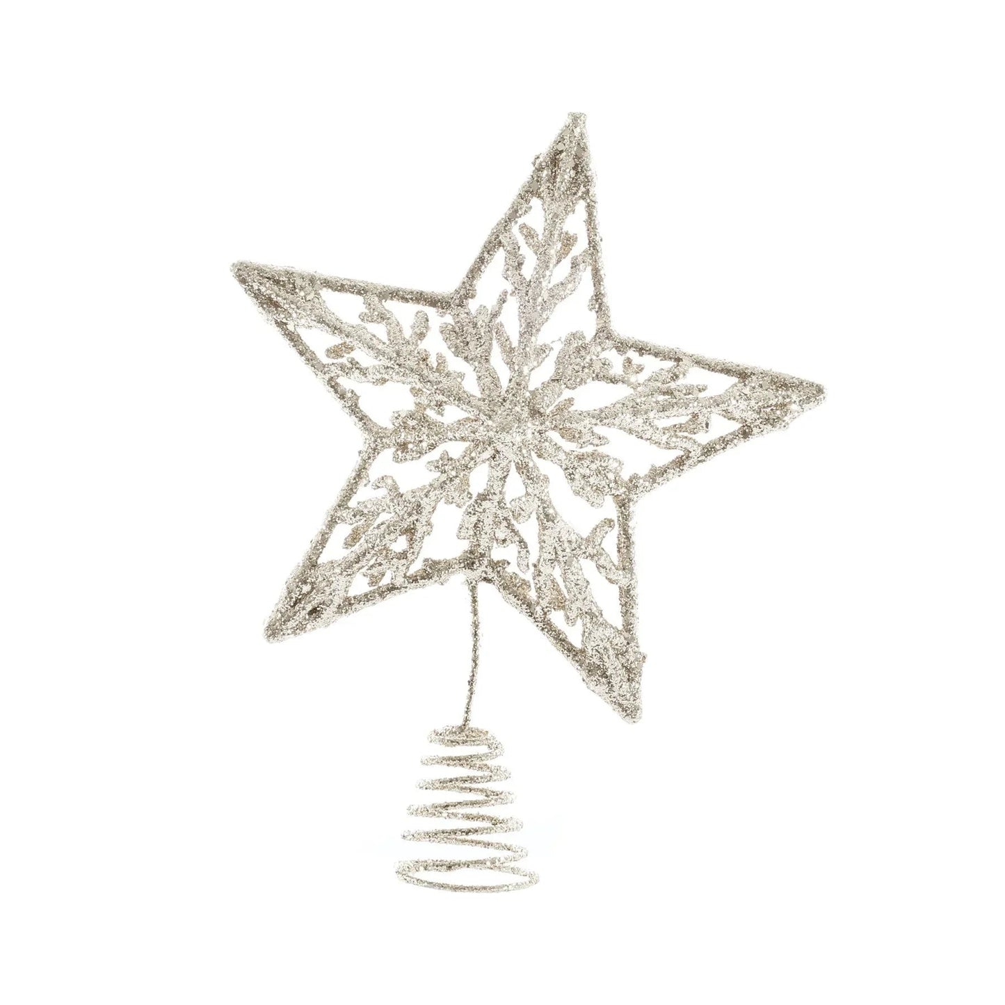 Glittery silver star tree topper with intricate design for holiday home décor