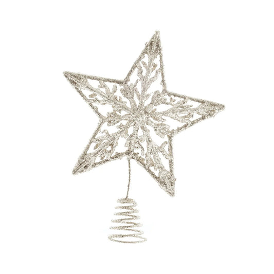 Glittery silver star tree topper with intricate design for holiday home décor