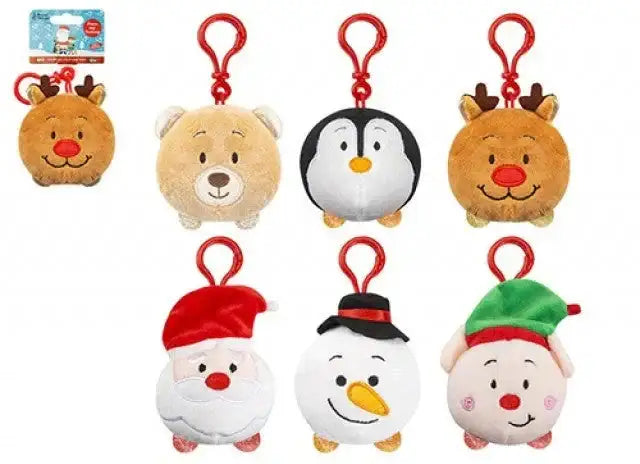 Six plush Christmas keychains shaped like reindeer, bear, penguin, Santa, snowman, and elf.