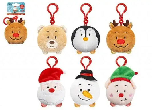Six plush Christmas keychains shaped like reindeer, bear, penguin, Santa, snowman, and elf.