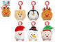 Six plush Christmas keychains shaped like reindeer, bear, penguin, Santa, snowman, and elf.