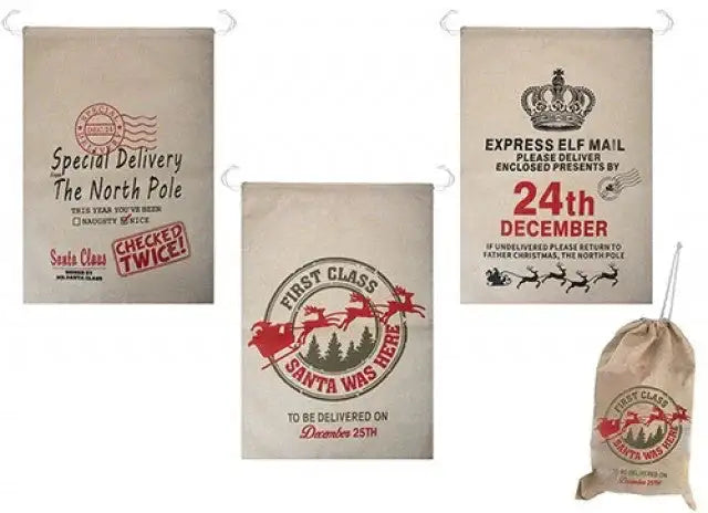 Set of festive Christmas gift sacks with North Pole and Santa delivery designs, beige fabric.