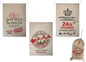 Set of festive Christmas gift sacks with North Pole and Santa delivery designs, beige fabric.