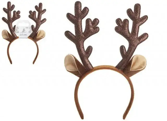 Brown reindeer antlers headband with plush ears, festive Christmas party accessory