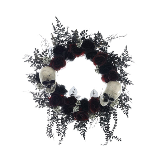 Halloween Wreath Skulls with Burgundy & Black Roses - 60cm - Bristow Direct 