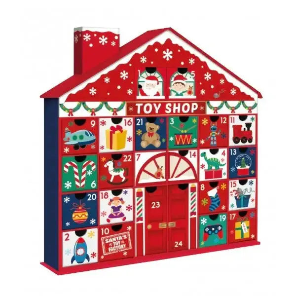Toy shop themed wooden advent calendar house with festive holiday illustrations