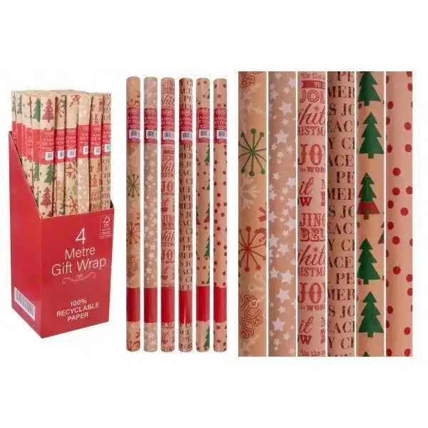 Christmas gift wrap rolls with festive patterns, recyclable paper, 4 metre length