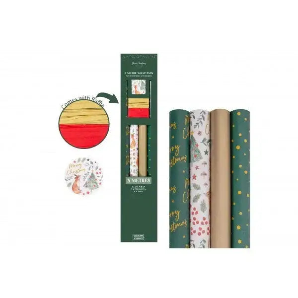 Christmas gift wrap pack with festive designs, gold and red raffia, includes Merry Christmas tags