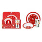 Festive kids dinner set with Santa and Nutcracker designs, red plate, bowl, and cup.
