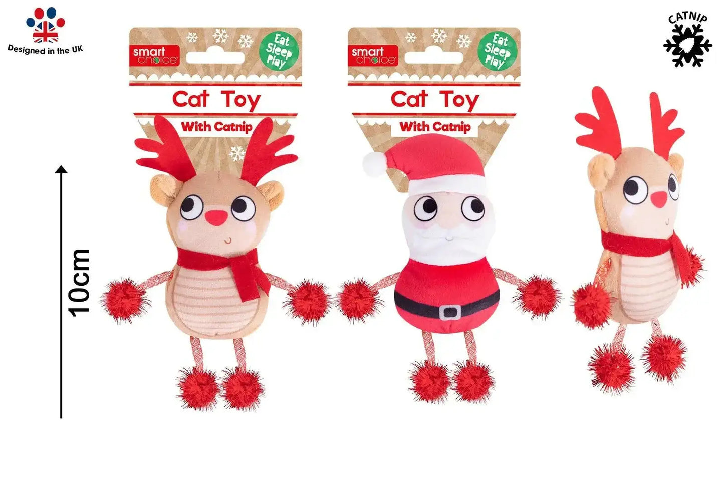 Festive cat toys with catnip, featuring reindeer and Santa designs, 10cm plush gifts.