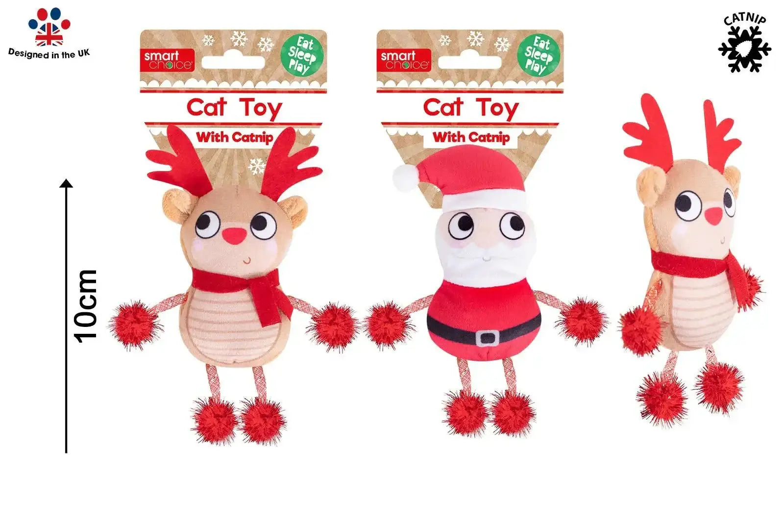 Festive cat toys with catnip, featuring reindeer and Santa designs, 10cm plush gifts.