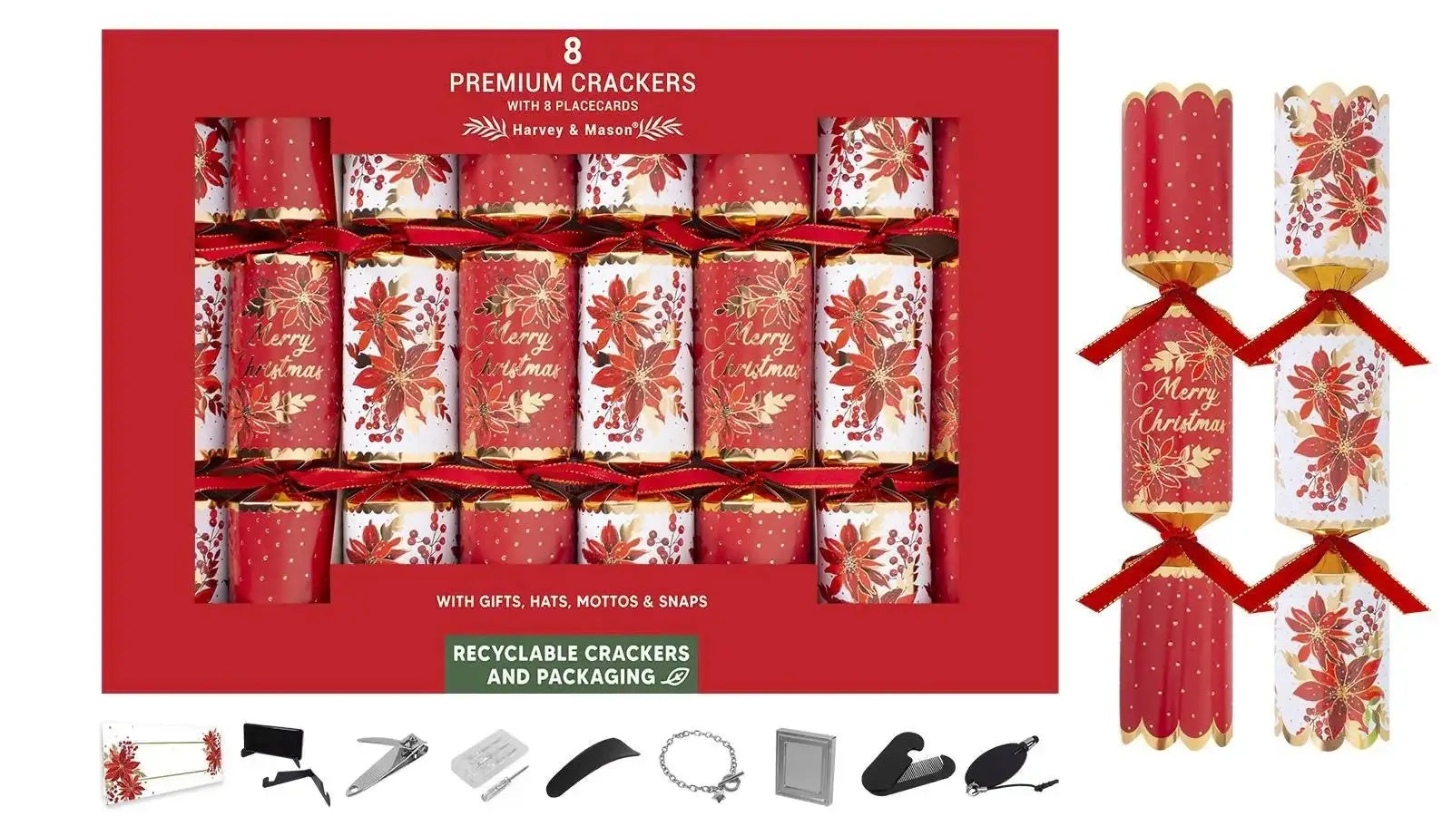 Box of 8 Christmas crackers with festive poinsettia designs, gifts, and recyclable packaging